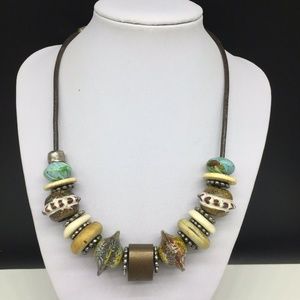Chico’s Boho Chunky Beaded Necklace Brown Leather